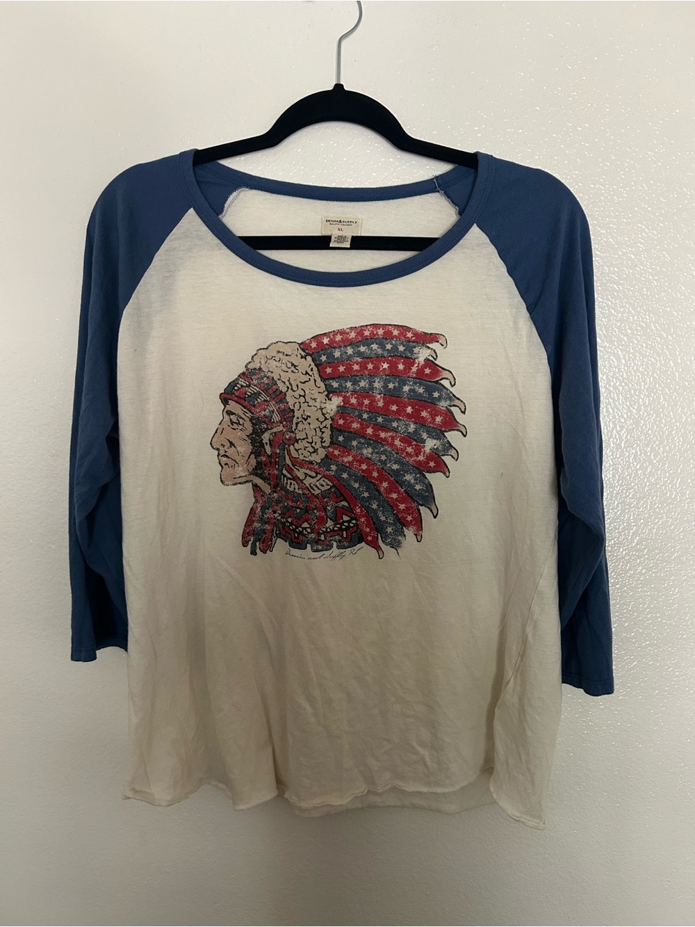 Denim & Supply Ralph Lauren Blue Sleeve Cream Raglan Top with Headdress Graphic